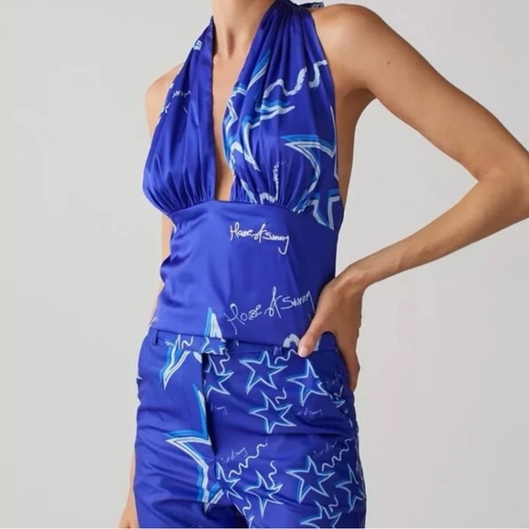 House of Sunny Blue Star Halter Top, side buttons, flaw: fabric pulls check pic - Picture 1 of 15